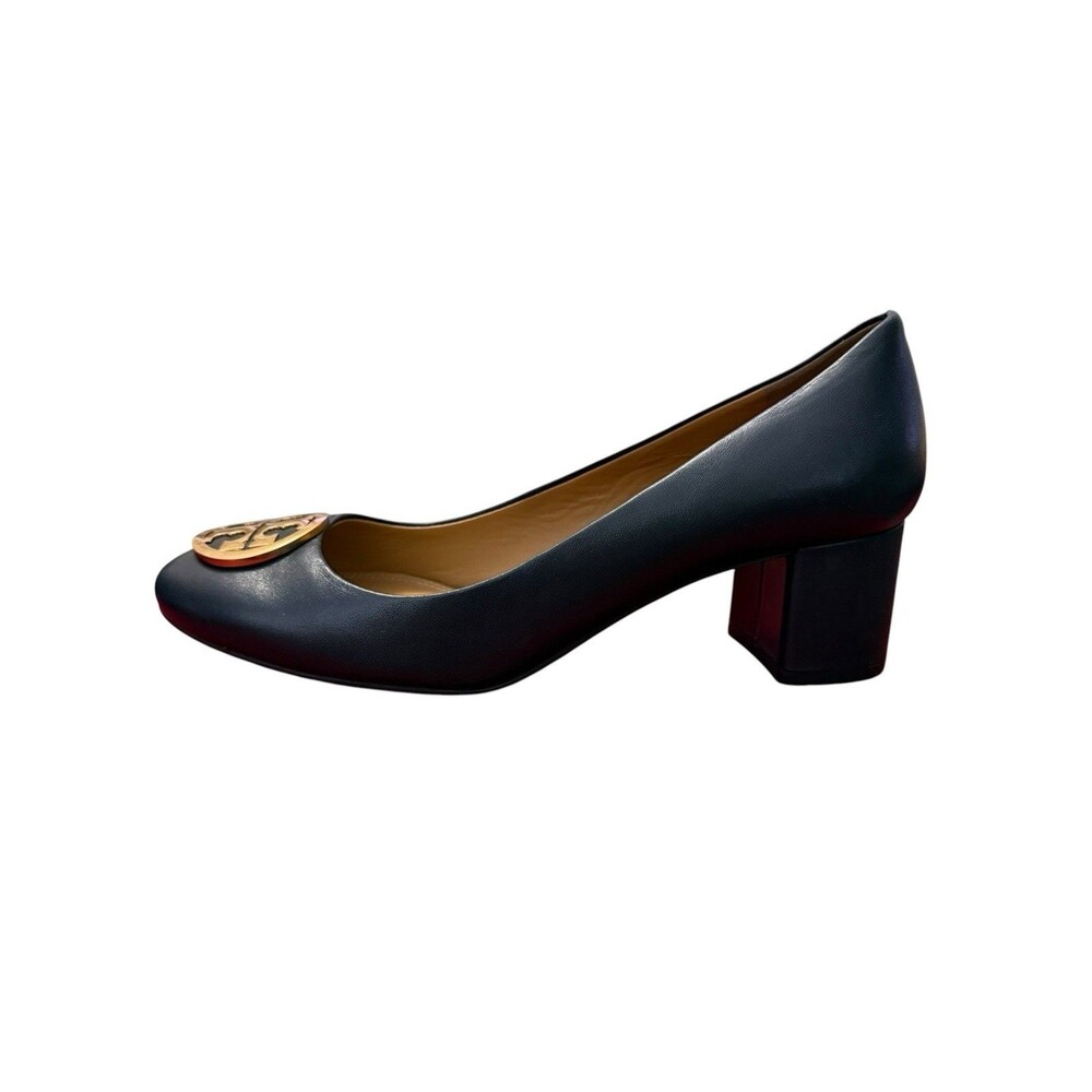 Tory Burch Benton Navy Leather Gold Logo Medallion Block Heel Pumps 10.5